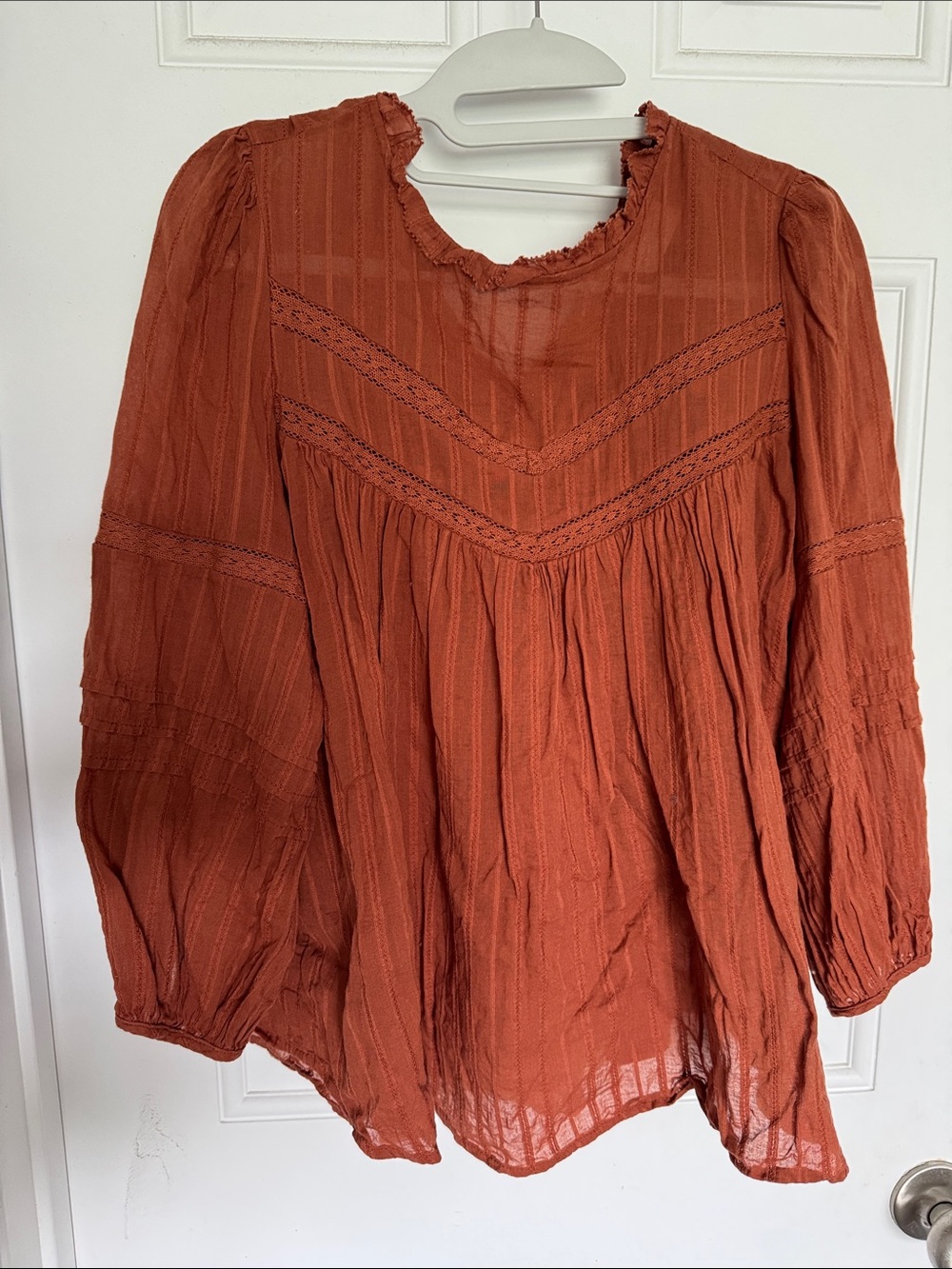 Universal Thread Rust Orange Peasant Blouse with Lace Trim